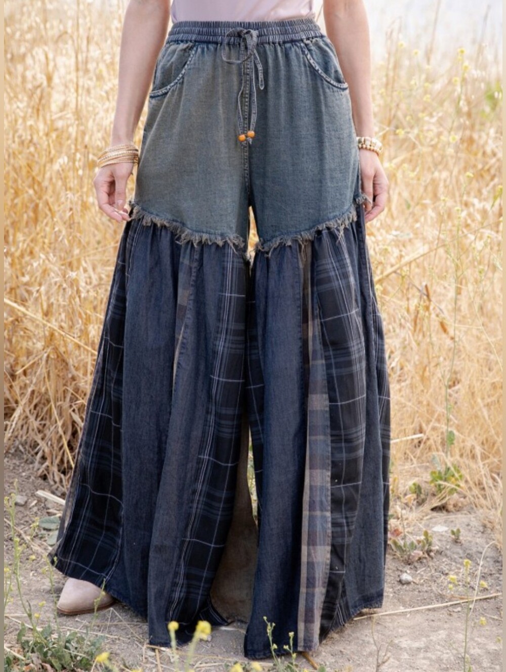 Young Threads Patchwork Denim Plaid Wide Leg Pants Boho S-XL
